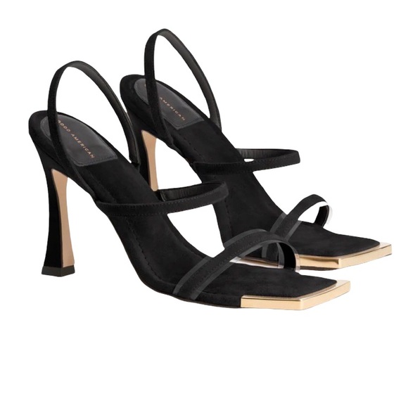 Good American Shoes - Good American Standout Square Toe Heel Stiletto Sandal Black Suede Size 8.5